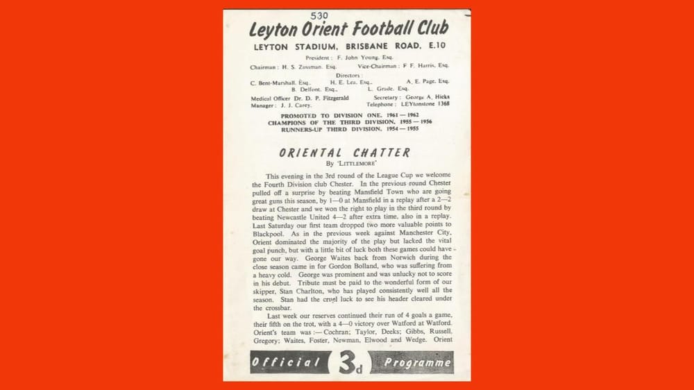 Orient Chester League Cup 1962 programme
