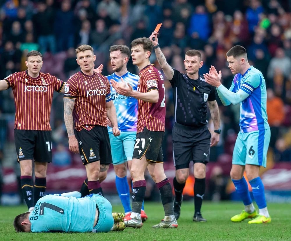 The red card for Bradford who scored their winner four minutes later