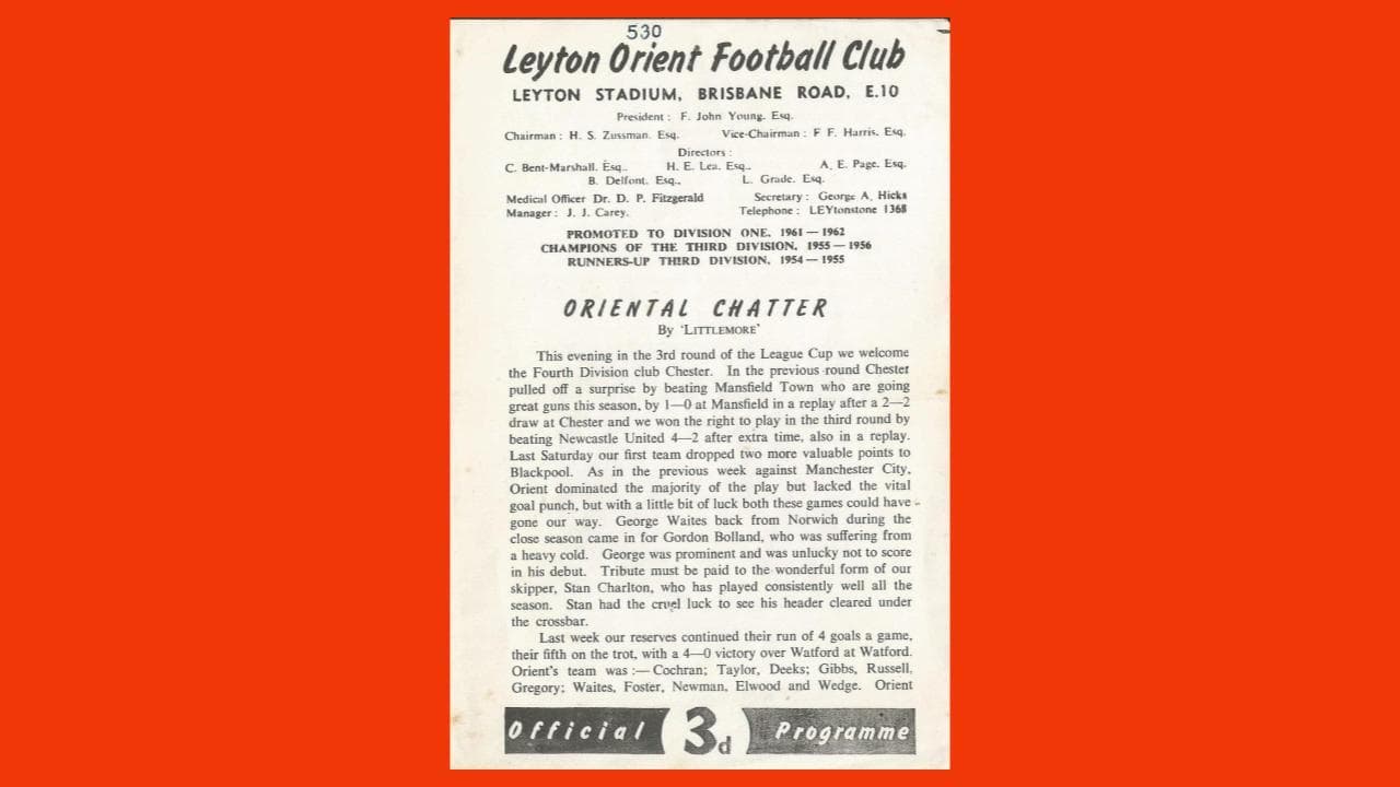 Orient Chester League Cup 1962 programme